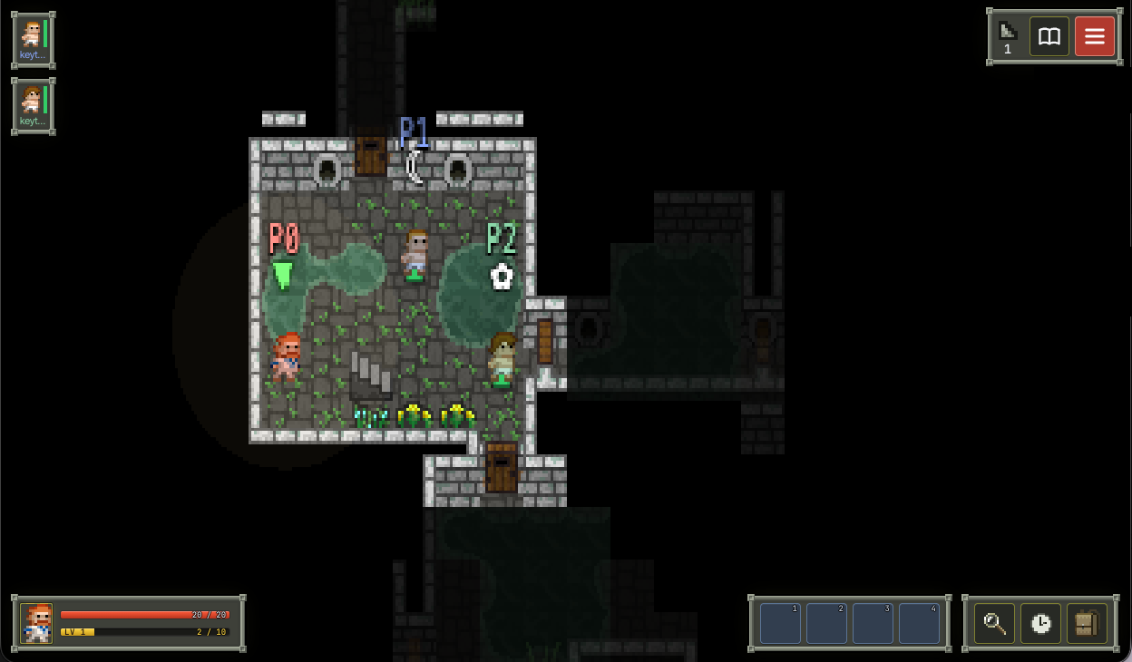 Three heroes — labelled P0, P1 and P2 — exploring the same dungeon room together in Pixel Crawlers