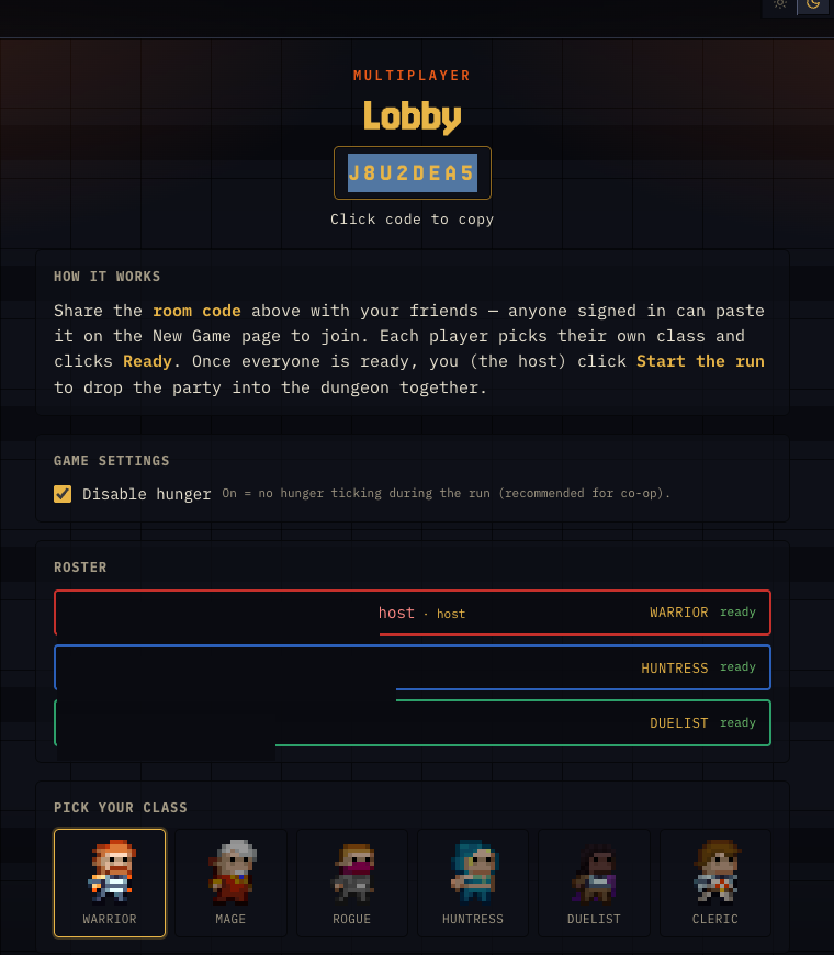 The Pixel Crawlers multiplayer lobby with a shareable room code, ready-up roster and per-player class picker