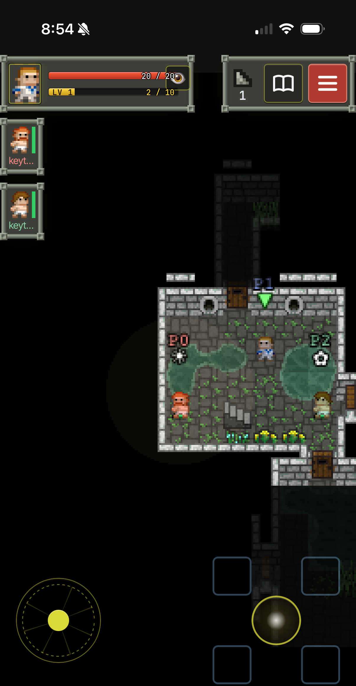 The same co-op dungeon running in a mobile browser, with an on-screen joystick and the party HUD