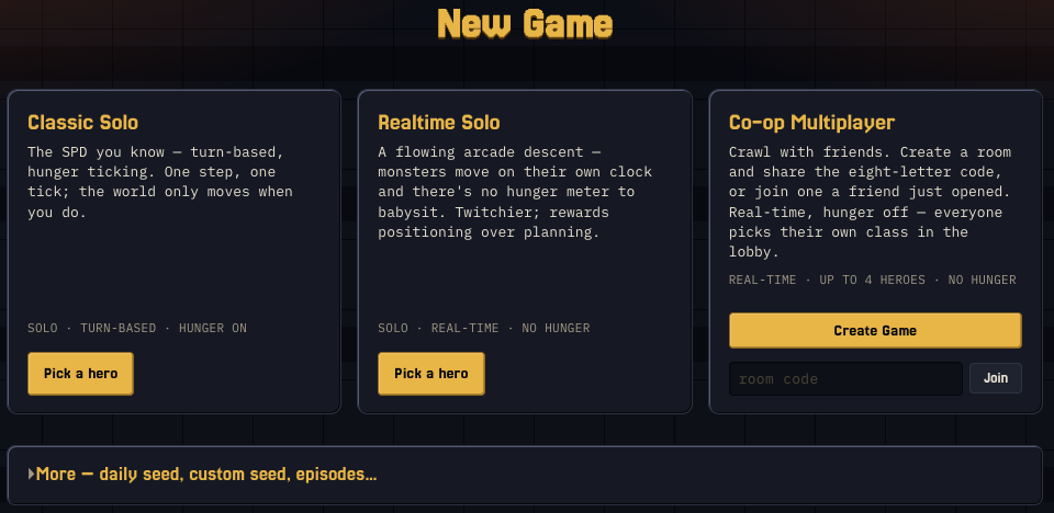 The Pixel Crawlers New Game picker showing Classic Solo, Realtime Solo and Co-op Multiplayer modes